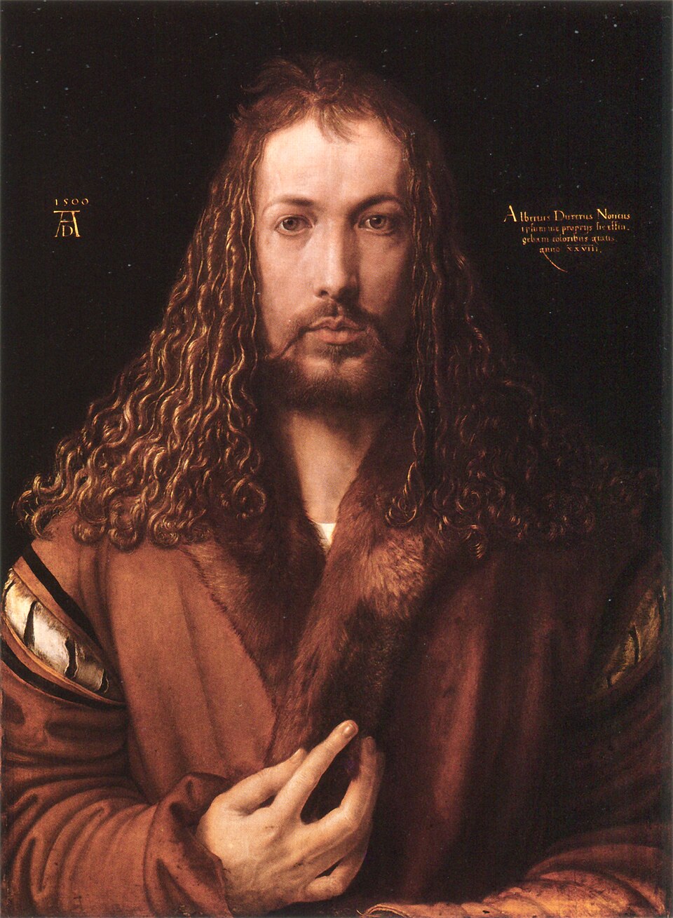 Autoportrait à la fourrure, peinture de Albrecht Dürer : Dürer se représente de face, vêtu de fourrure, avec une pose très solennelle et un…