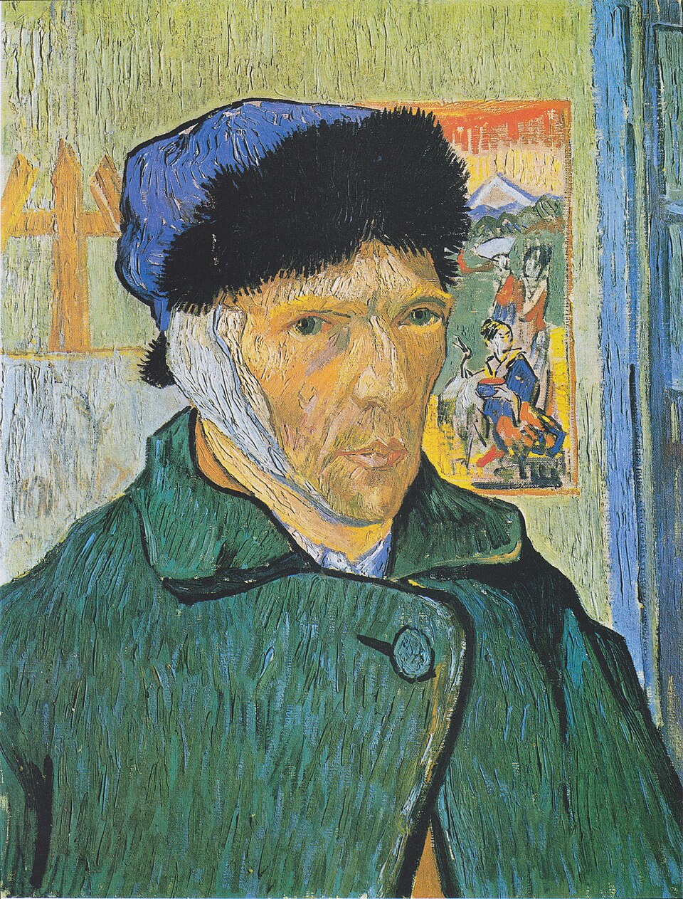 Autoportrait à l’oreille bandée, peinture de Vincent van Gogh : Van Gogh se montre en buste, coiffé d’un bonnet, avec un bandage blanc autour de…