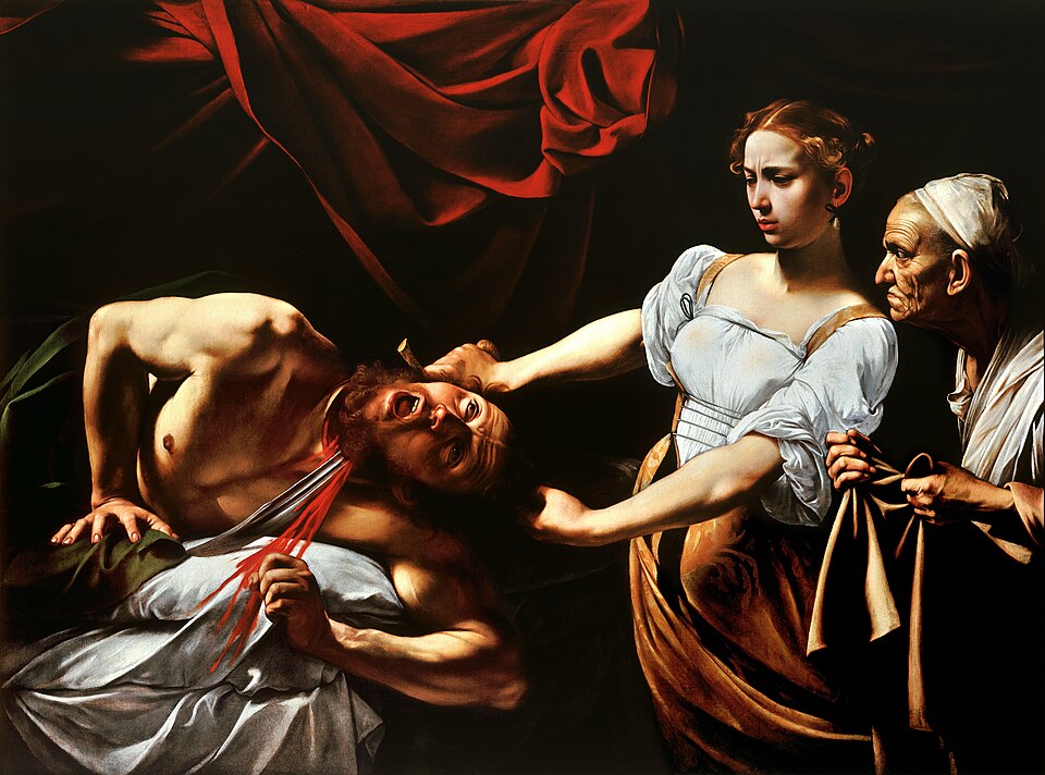 Judith décapitant Holopherne, peinture de Le Caravage : Judith, éclairée par un rayon brutal, tranche la gorge d’Holopherne sous le regard…