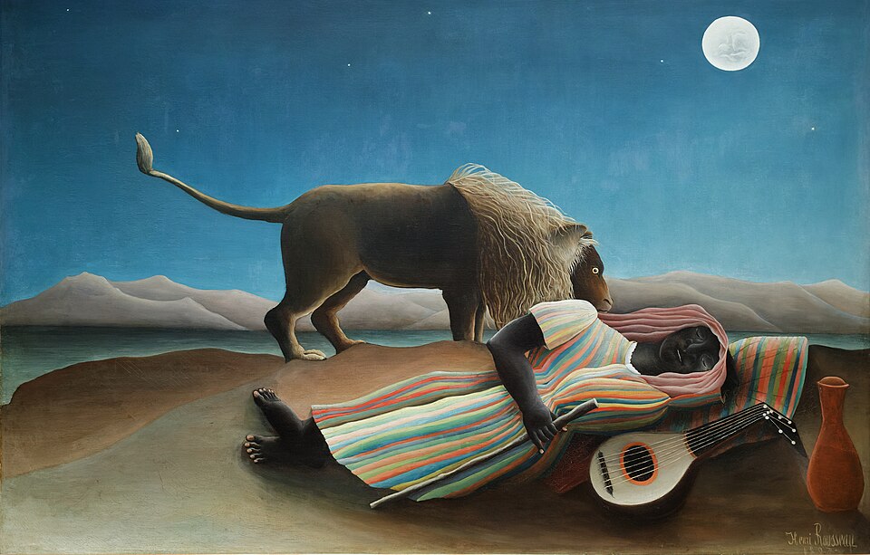 La Bohémienne endormie, peinture de Henri Rousseau : Une femme endormie repose dans un désert au clair de lune, tandis qu’un lion s’approche…