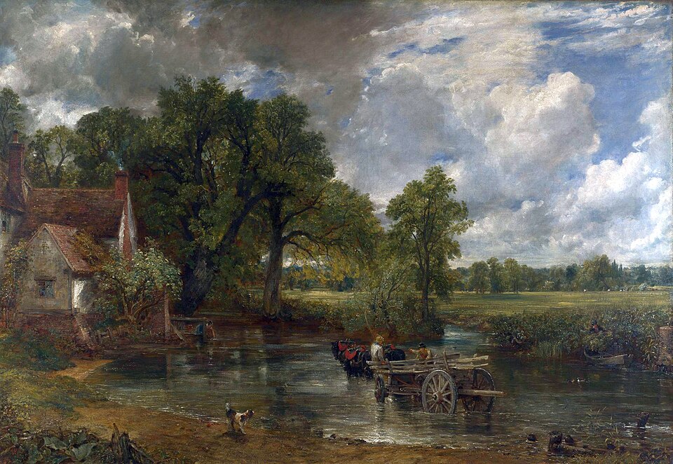 La Charrette de foin, peinture de John Constable : Une charrette traverse une rivière sous un vaste ciel nuageux, dans un paysage rural anglais…
