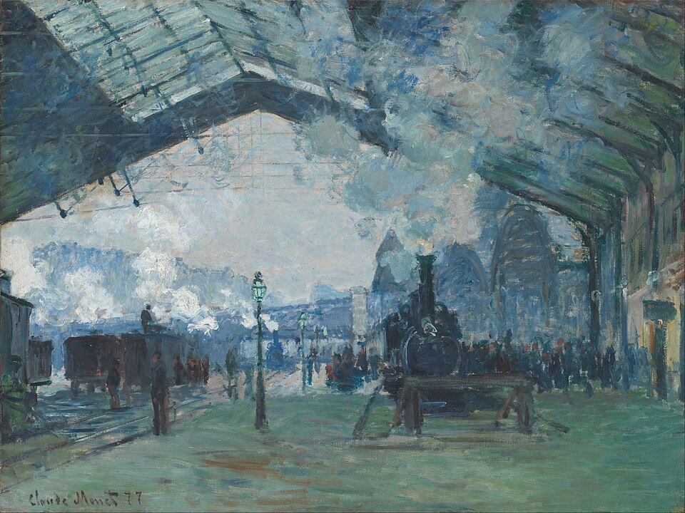 La Gare Saint-Lazare, peinture de Claude Monet : Une locomotive entre sous une verrière monumentale, noyée dans la vapeur et les touches…