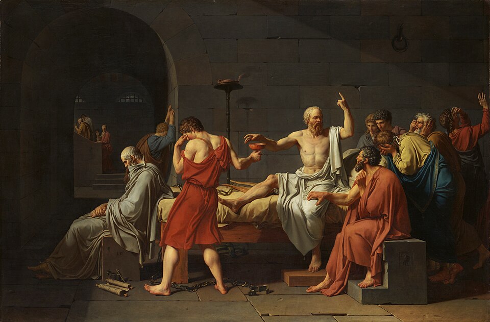 La Mort de Socrate, peinture de Jacques-Louis David : Socrate, vêtu de blanc, tend la main vers la coupe de poison tandis que ses disciples…