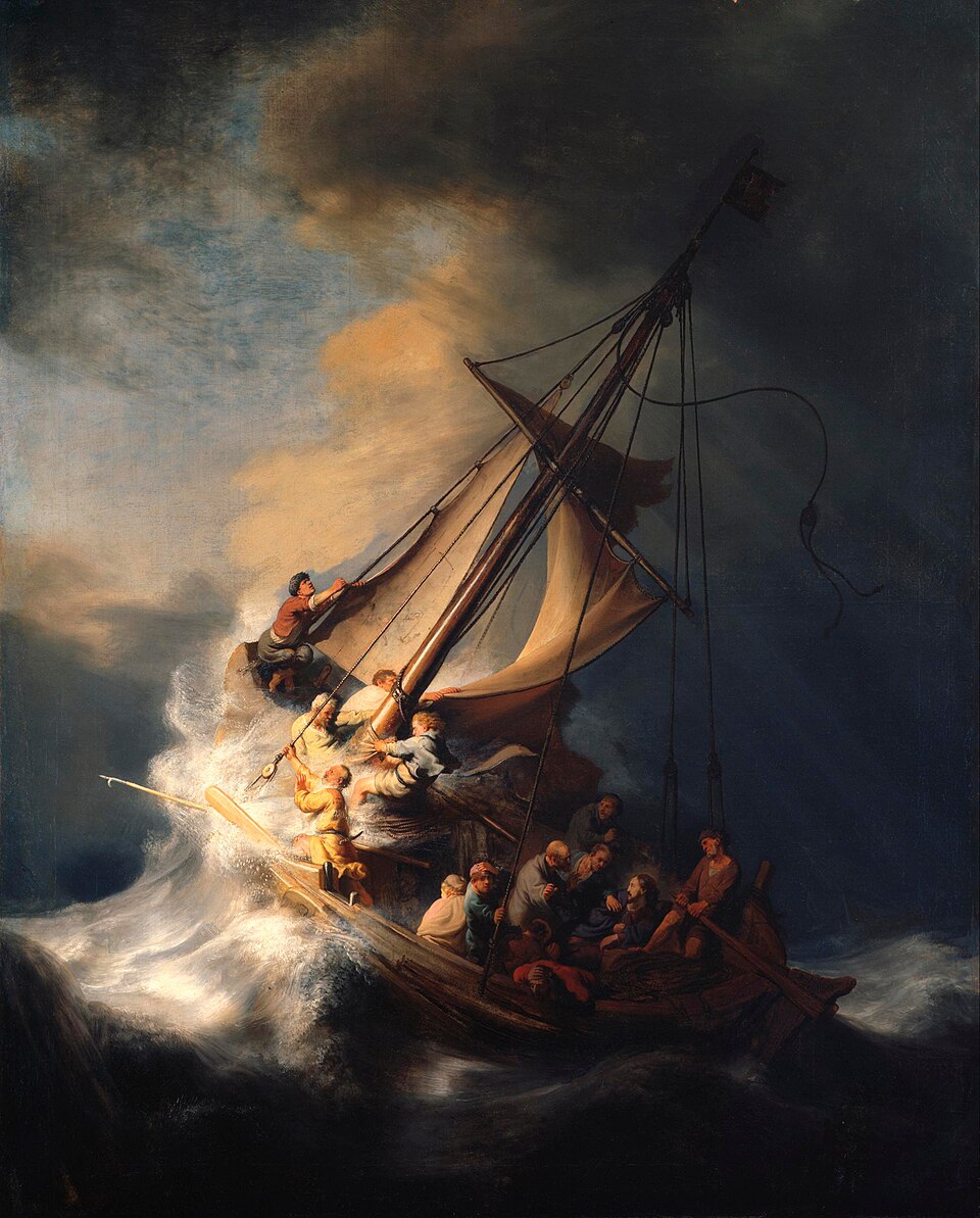 La Tempête sur la mer de Galilée, peinture de Rembrandt : Une barque est violemment secouée par des vagues tandis que les passagers tentent de…