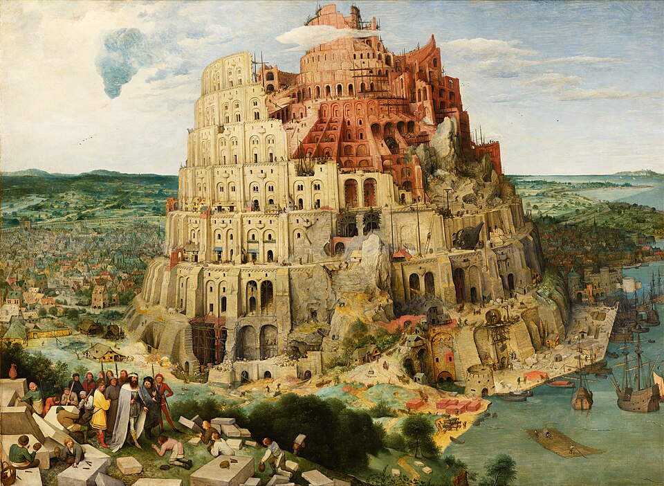 La Tour de Babel, peinture de Pieter Bruegel l’Ancien : Une tour circulaire gigantesque s’élève au milieu d’un paysage, entourée de minuscules…