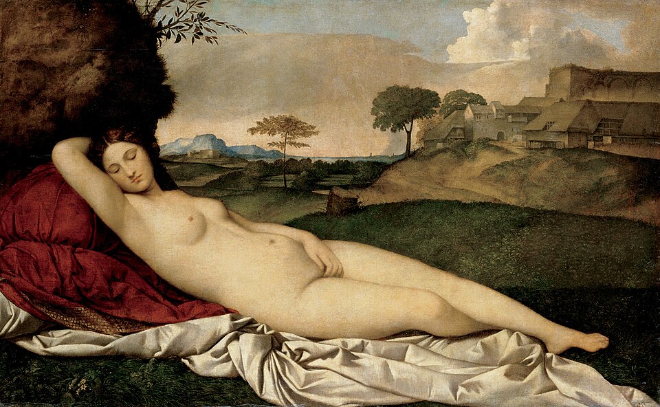 La Vénus endormie, peinture de Giorgione : Femme nue allongée dans un paysage vallonné, les yeux fermés, avec un drap rouge au premier plan
