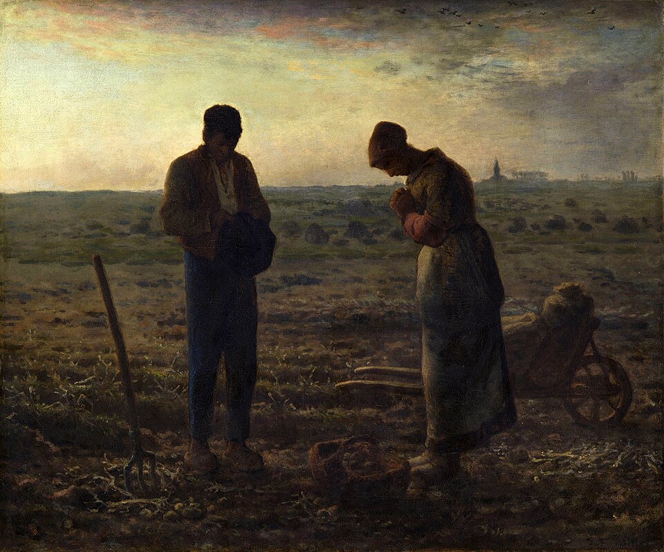 L'Angélus, peinture de Jean-François Millet : Deux paysans interrompent leur travail dans un champ au crépuscule, recueillis pendant la prière
