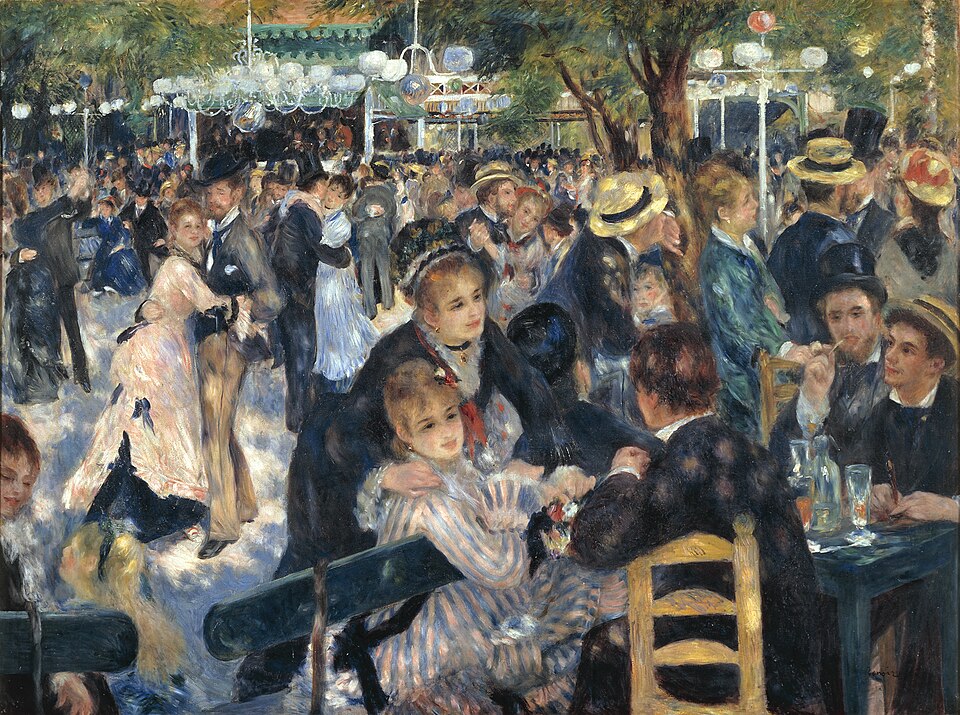 Le Bal du moulin de la Galette, peinture de Pierre-Auguste Renoir : Une foule élégante danse et bavarde sous les arbres, dans une lumière…