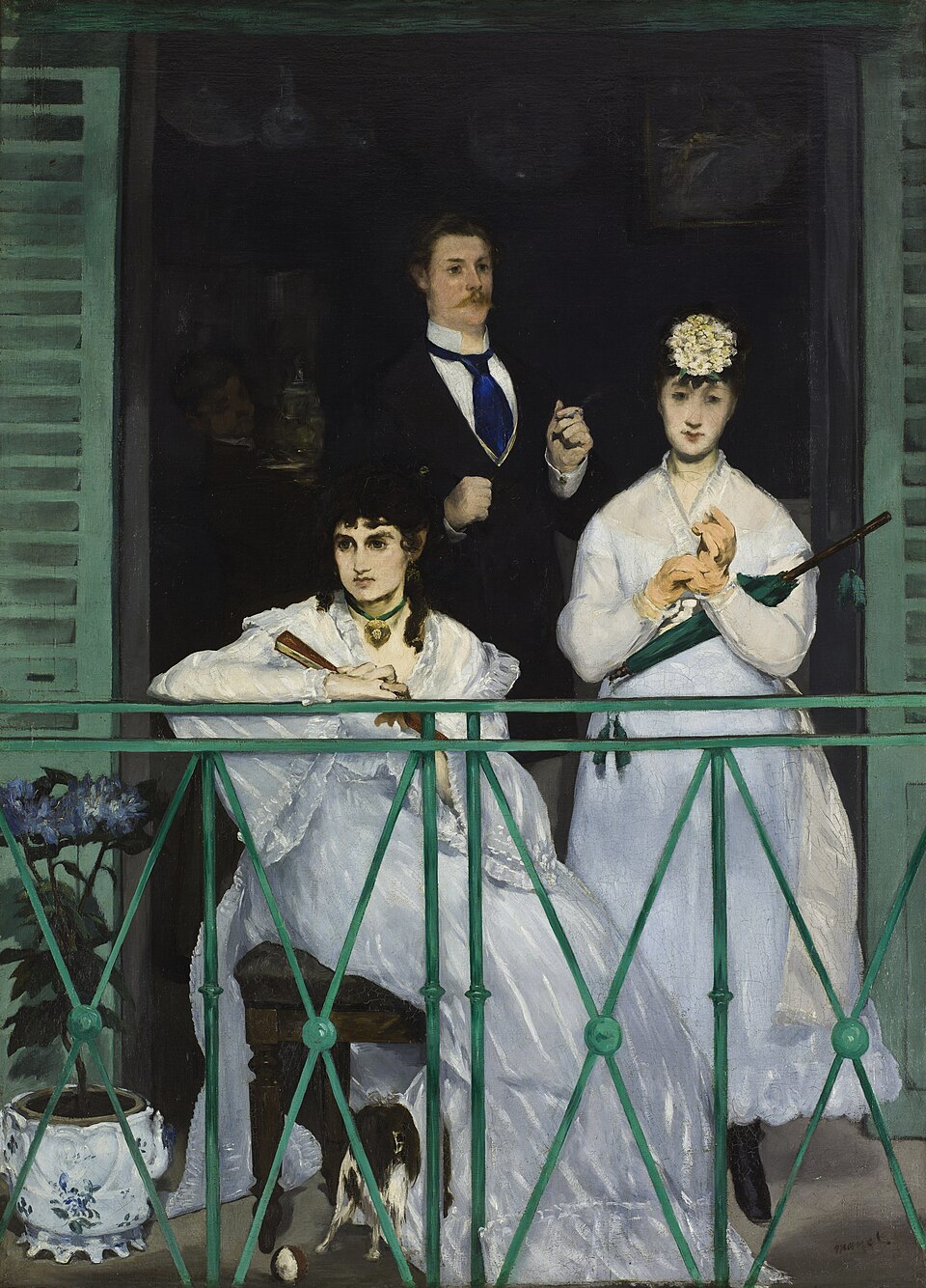 Le Balcon, peinture de Édouard Manet : Trois personnages posent sur un balcon vert, derrière une balustrade, avec une femme assise au premier…