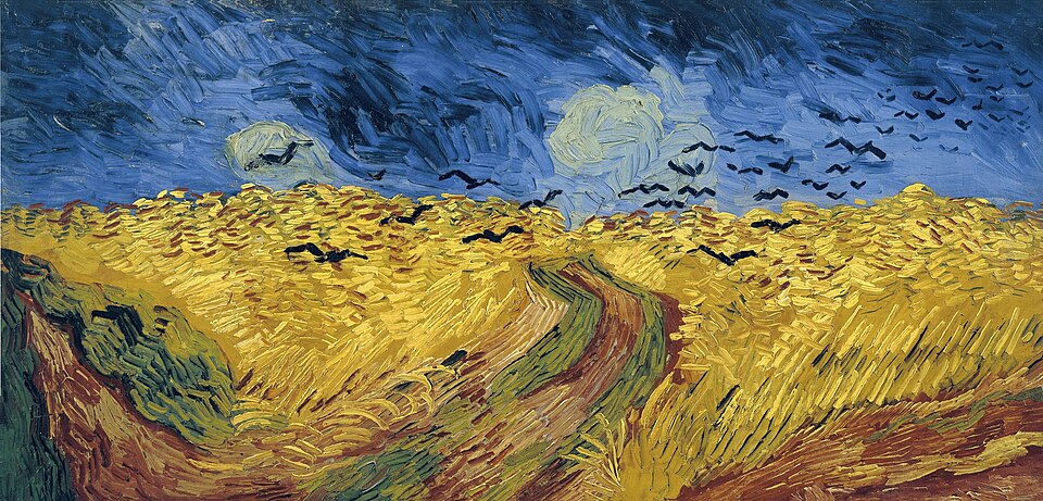 Le Champ de blé aux corbeaux, peinture de Vincent van Gogh : Un chemin se divise dans un champ jaune agité, sous un ciel bleu sombre traversé…