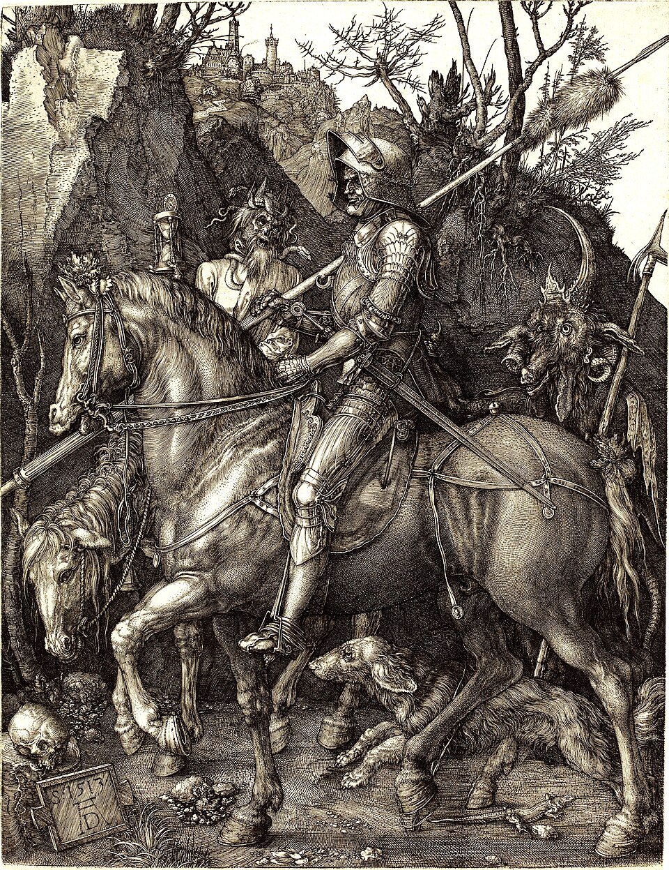 Le Chevalier, la Mort et le Diable, peinture de Albrecht Dürer : Un chevalier armé avance dans une gorge sombre, accompagné d’un cheval, tandis…