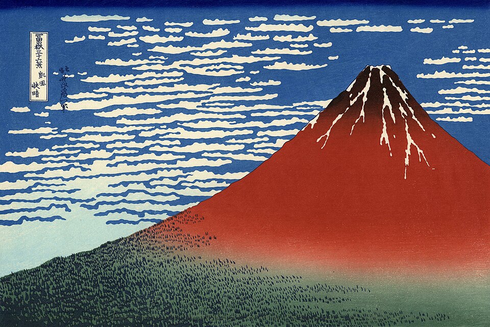 Le Fuji rouge, peinture de Katsushika Hokusai : Le mont Fuji rouge domine une composition épurée, sous un ciel clair avec quelques nuages blancs