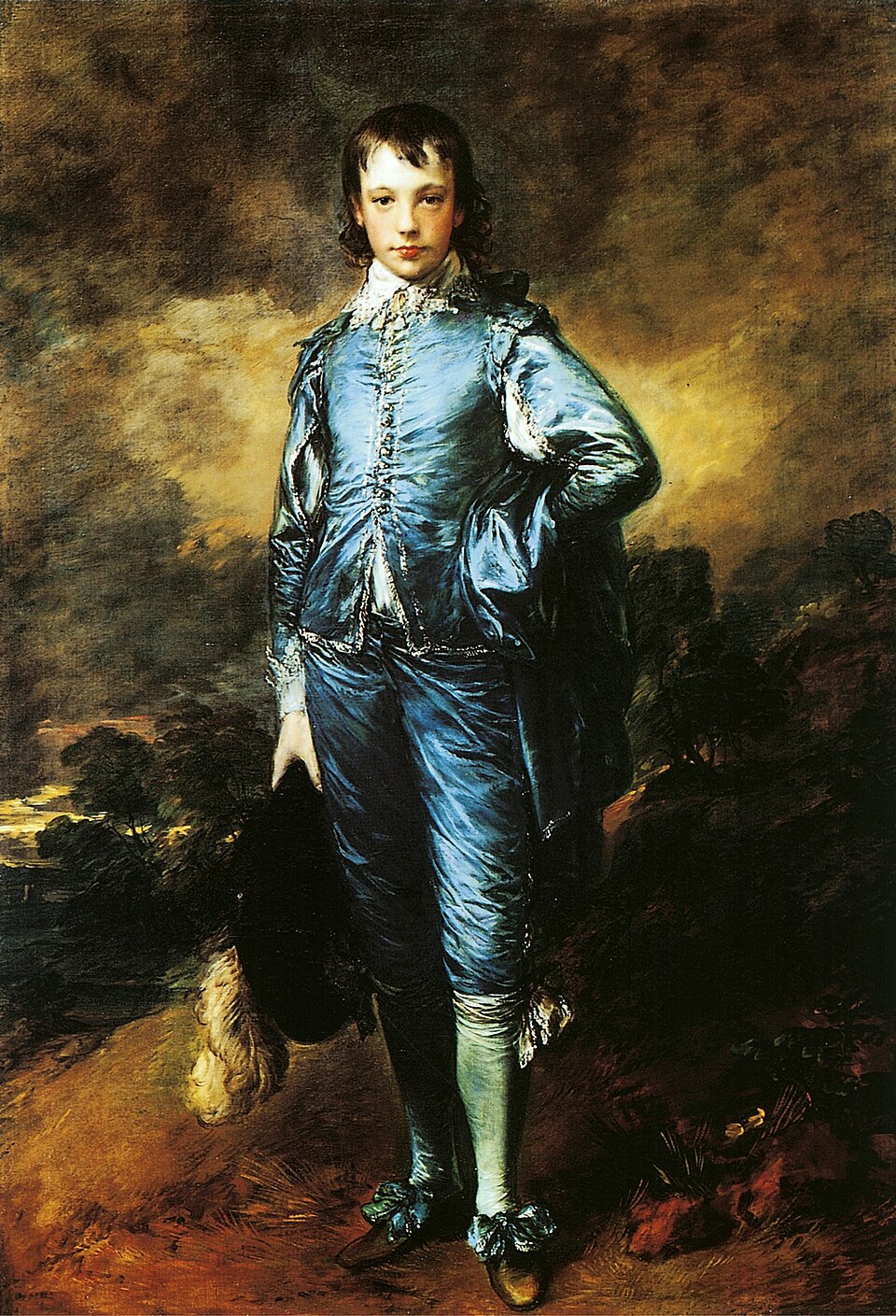 Le Garçon bleu, peinture de Thomas Gainsborough : Un jeune garçon pose de face dans un somptueux costume bleu et argent, devant un paysage sombre