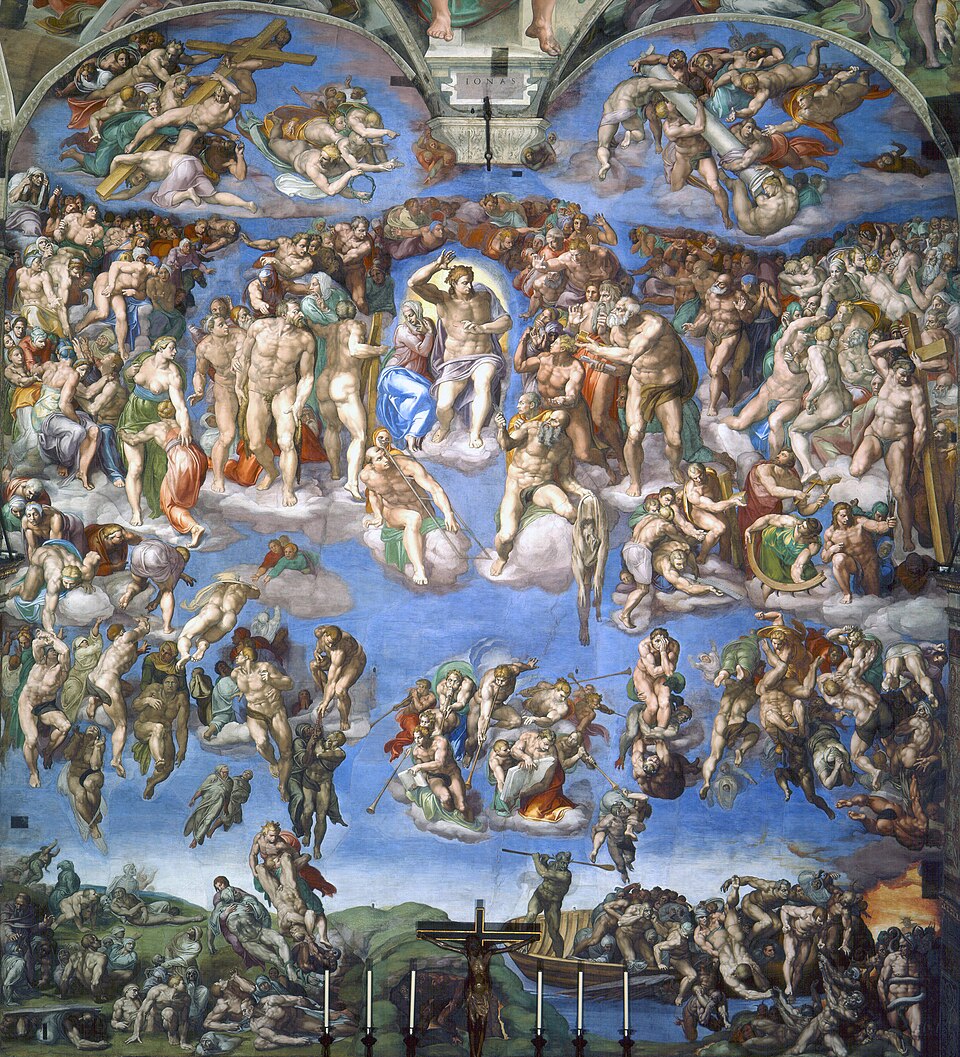 Le Jugement dernier, peinture de Michel-Ange : Une immense fresque couvre le mur de l’autel, dominée par un Christ puissant entouré de centaines…