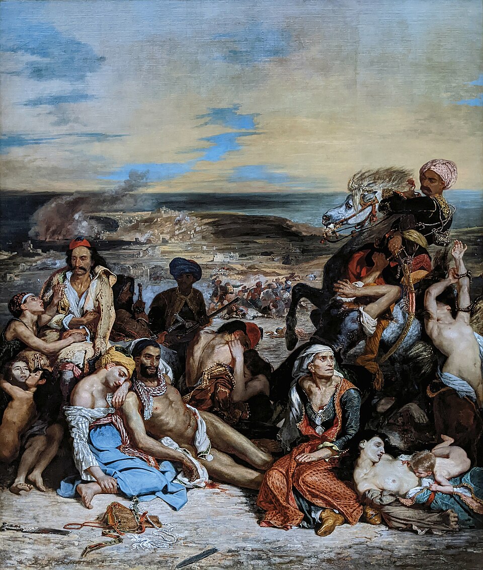 Le Massacre de Scio, peinture de Eugène Delacroix : Une foule de civils grecs apparaît dans un paysage désolé, dominé par des cavaliers ottomans…