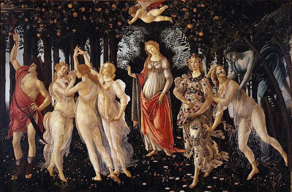Le Printemps, peinture de Sandro Botticelli : Vénus, les Trois Grâces et une profusion de fleurs peuplent une scène mythologique sur fond sombre