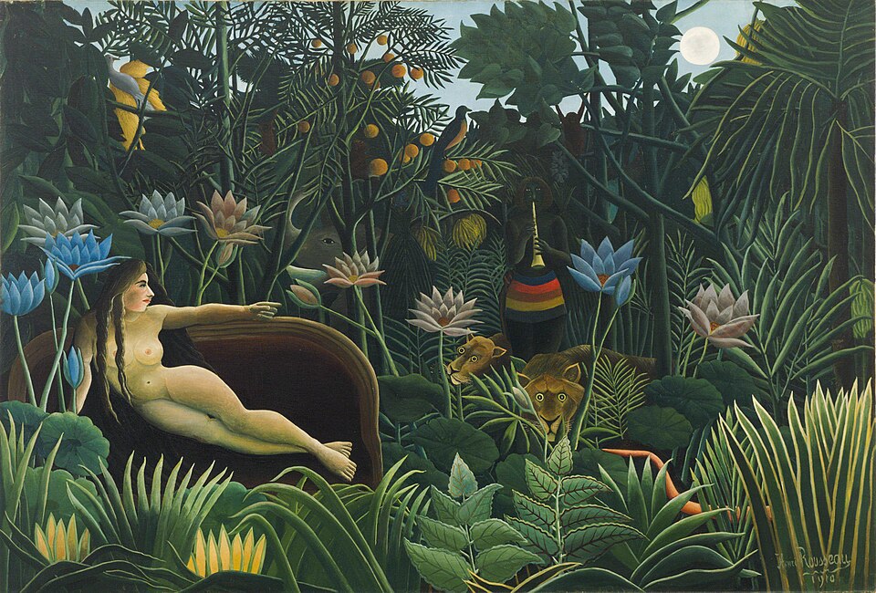 Le Rêve, peinture de Henri Rousseau : Une femme allongée sur un divan semble rêver, tandis qu'un lion et un joueur de flûte apparaissent dans…