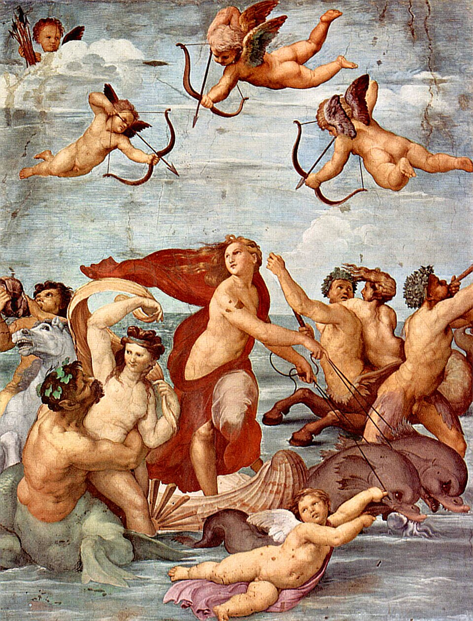 Le Triomphe de Galatée, peinture de Raphaël : La nymphe Galatée avance sur une coquille tirée par des dauphins, entourée de personnages…