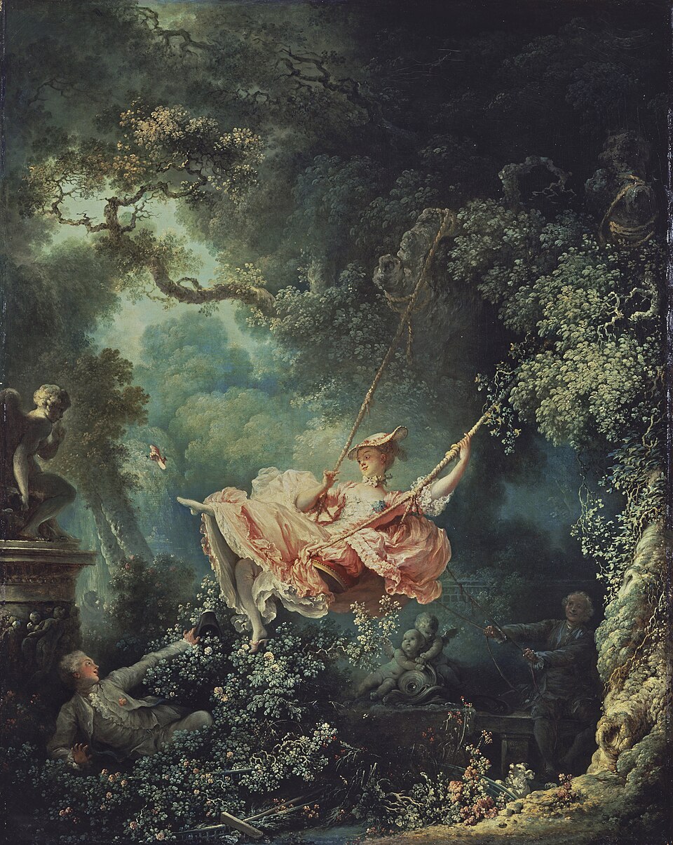 Les Hasards heureux de l’escarpolette, peinture de Jean-Honoré Fragonard : Une jeune femme en robe rose se balance, projetant son soulier, sous…