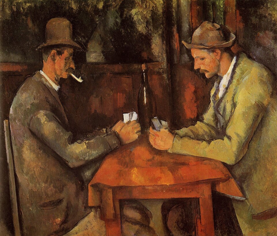 Les Joueurs de cartes, peinture de Paul Cézanne : Deux hommes silencieux jouent aux cartes face à face, construits par de larges formes…