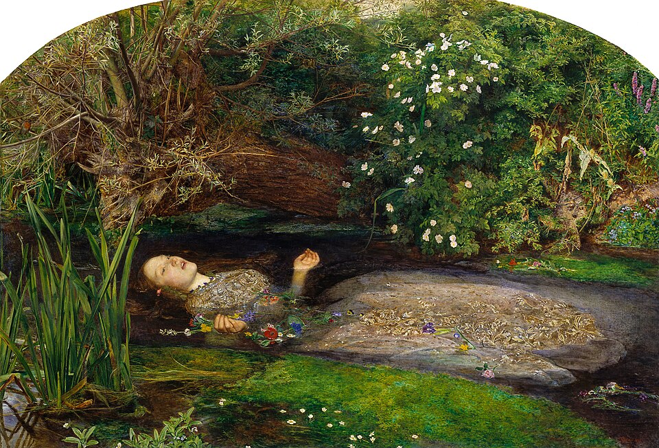 Ophélie, peinture de John Everett Millais : Une jeune femme flotte, les yeux ouverts, dans une rivière bordée de fleurs et de végétation…