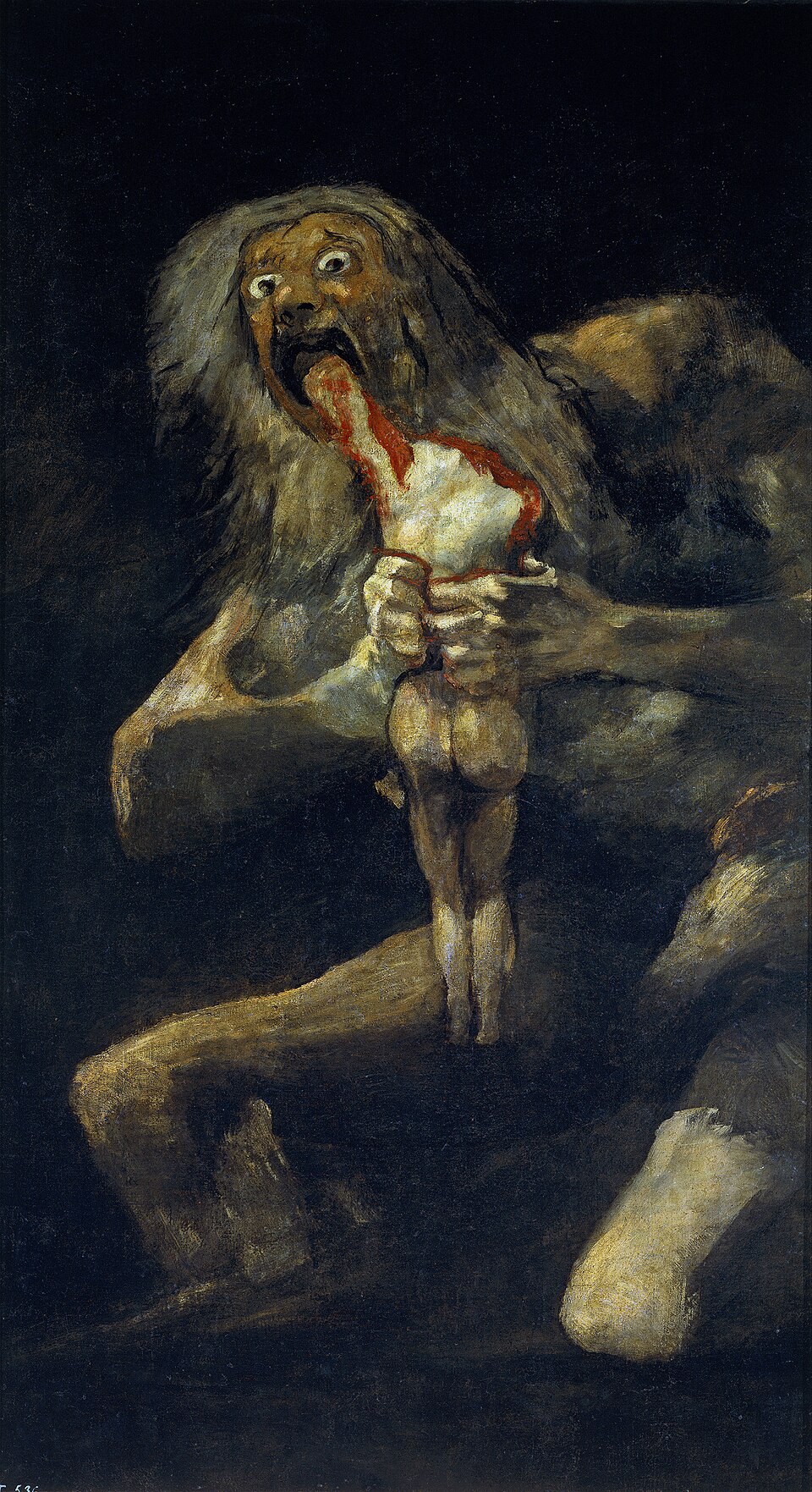Saturne dévorant un de ses fils, peinture de Francisco de Goya : Un géant aux yeux exorbités dévore dans l’obscurité le corps ensanglanté d’un…