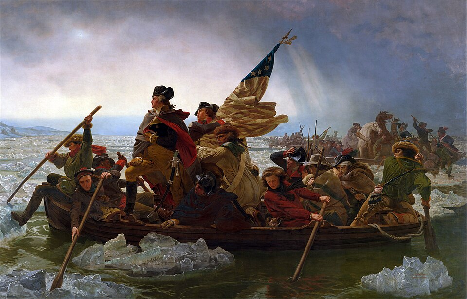 Washington traversant le Delaware, peinture de Emanuel Leutze : George Washington debout à l’avant d’une barque bondée traversant une rivière…
